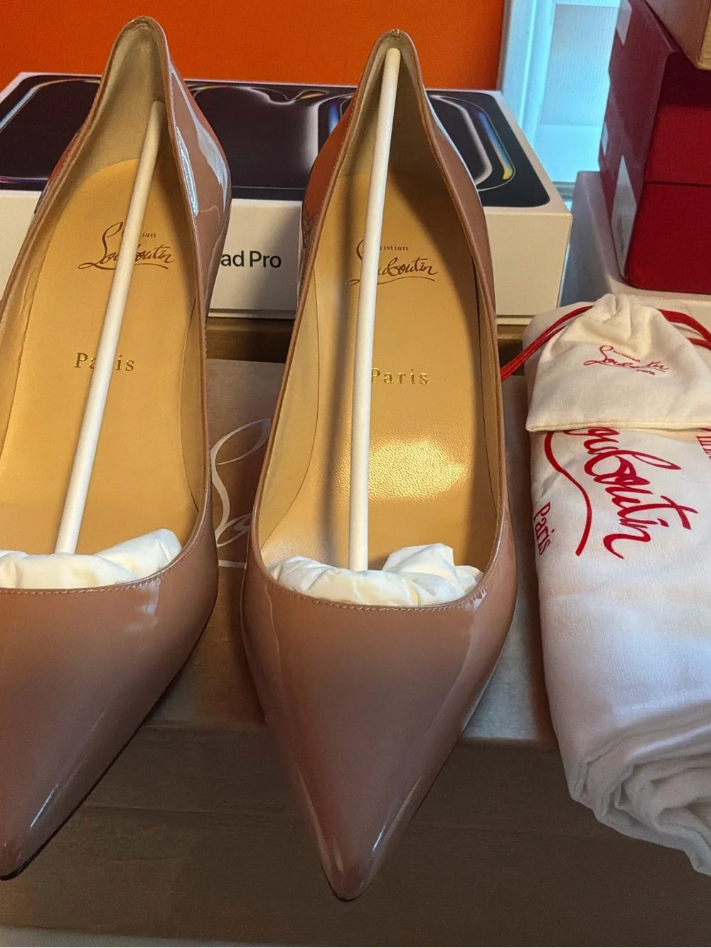 Christian Louboutin Nude Patent Pointed-Toe Pumps with Red Sole